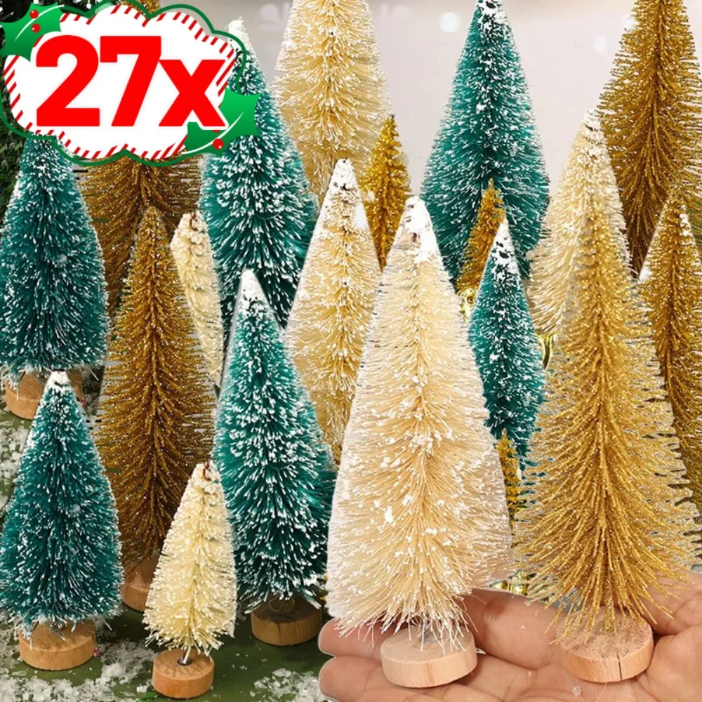 27/9PCS Mini Christmas Tree Artificial Miniature Pine Tabletop Tree Wood Base Xmas Ornaments Christmas Crafting Party Decoration