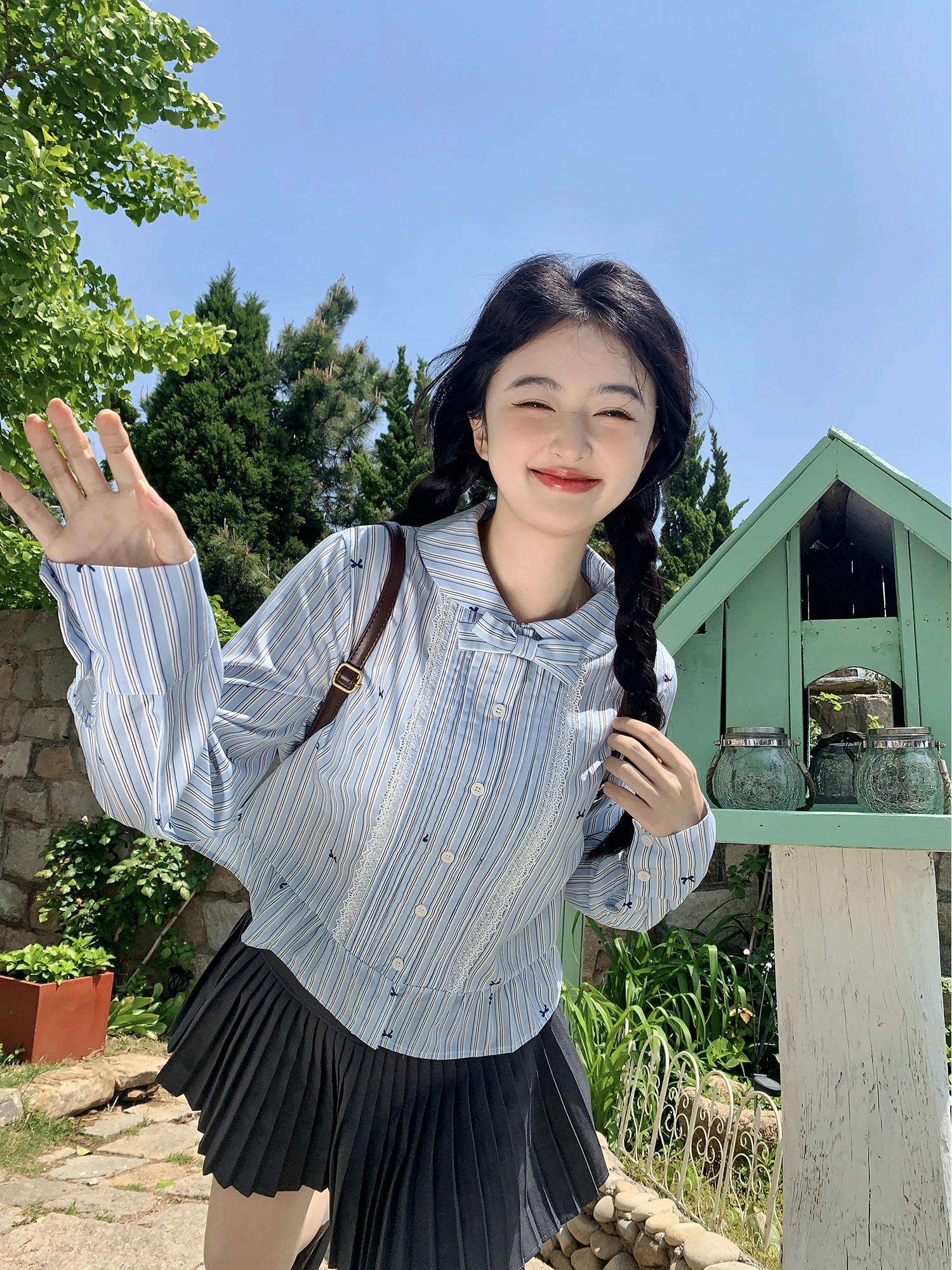 

Vanwenwen Salt Island Cheese College Sle Blue Striped irt Women's Loose ort Top Spring Season Faion Knot