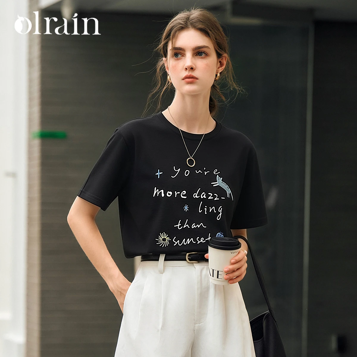 OLrain White Casual Hand Drawn Print Short Sleeve Tee 2026 Summer Simple Office Crew Neck Embroidery Loose Top Women O58XT006358