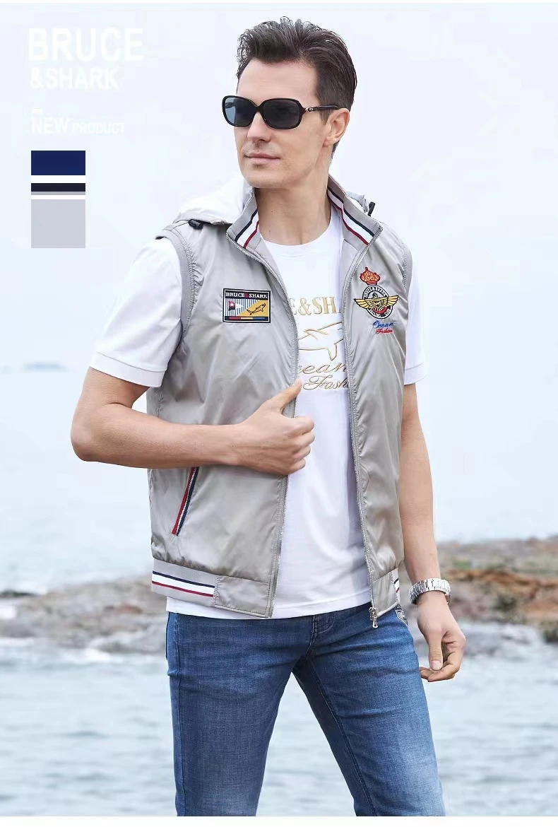 

2020 New Bruce&Shark Thin Cotton Men Vest Top Quality best Embroidery Men Coat Fashion Casual Size M TO 4XL Men Outerwear