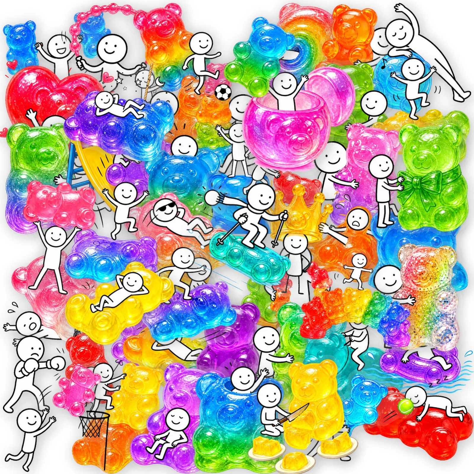 50 PCS Ins Style Hand Drawn Little Person Rainbow Gummy Bear Stickers Fun Candy Hand Account Material Student Waterproof Decals