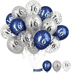 16th Birthday Decorations Boys, Pack of 15 Happy 16th Birthday Balloons Latex Helium Navy Blue Silver Confetti Balloons
