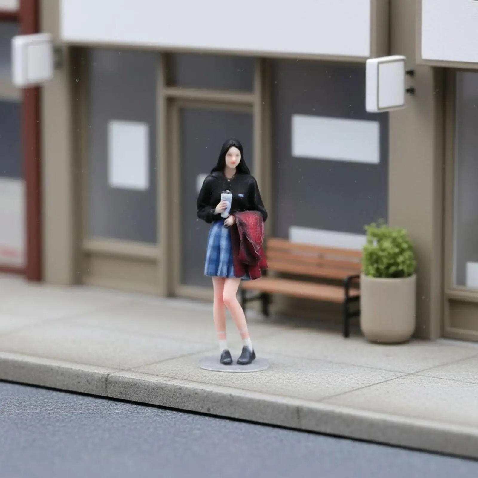 

1:64 Scale Girl Figurine Three-Dimensional Printed Miniature Female Figure Holding Drink Plaid Skirt Girl Miniature High