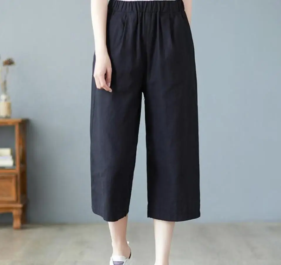 

Casual Cotton Linen Pants Women Spring Summer Solid Color High Waist Elastic Ankle-Length Pants Female Pockets Harem Capris