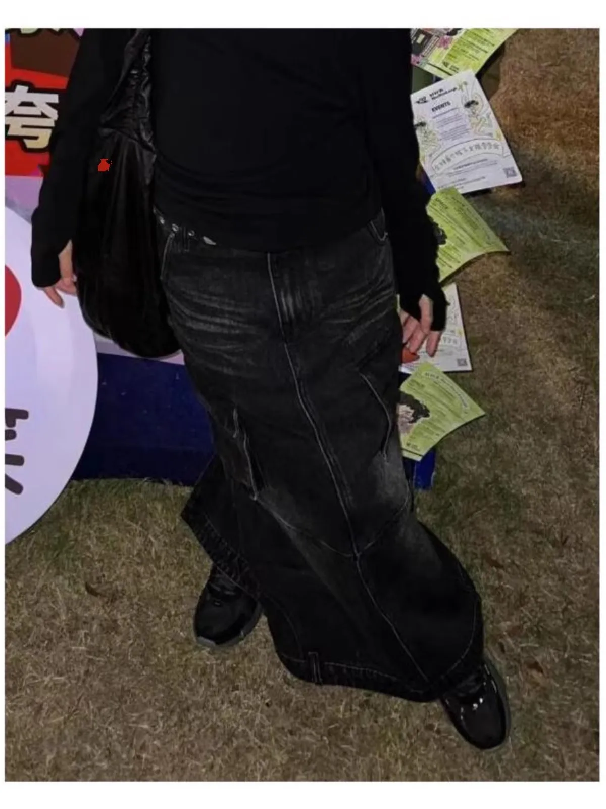 Jesień Zima Damska Gotycka Dark Academia Vintage Y2k Denimowa Spódnica Maxi Trapezowa Harajuku Japoński Grunge Lata 2000 Cyber Punk E-girl