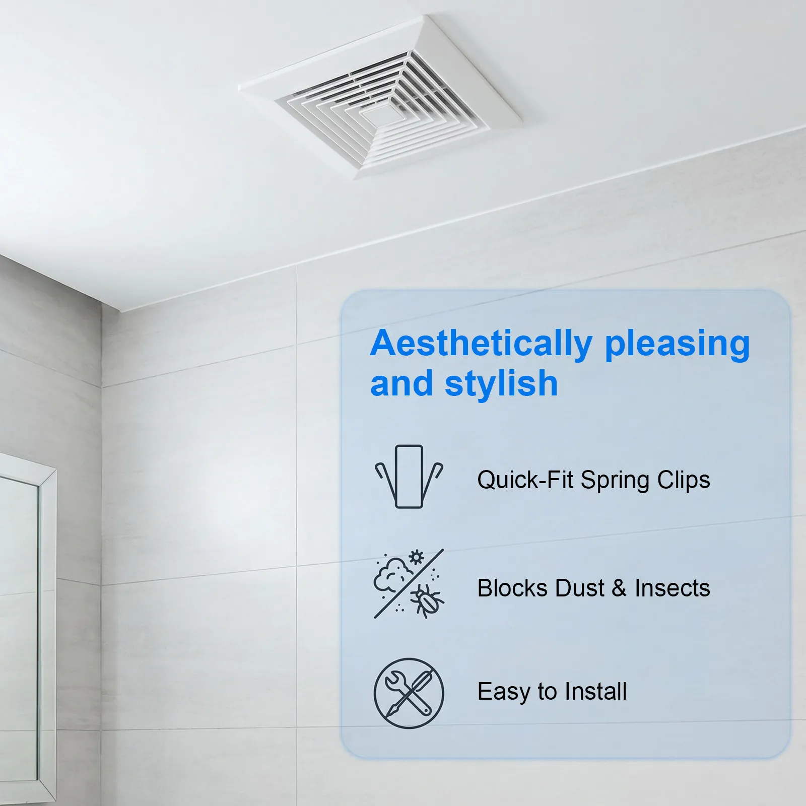 Bathroom Exhaust Fan Cover Replacement Square Spring Loaded Plastic Grille for Ceiling Wall Mount Ventilation System 26.5x26.5cm