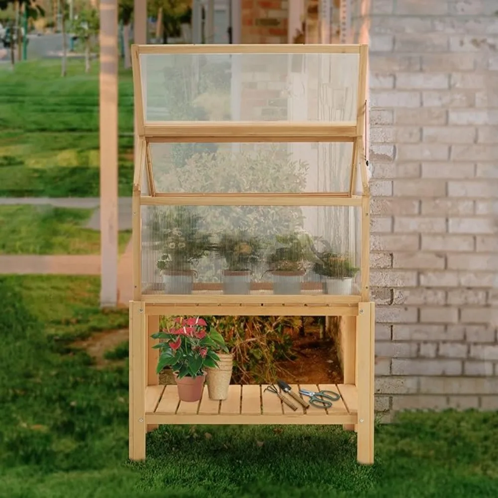 Cold shelf greenhouse, portable wooden greenhouse, potted plant protection box with shelf, suitable for outdoor and indoor use