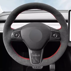 Dark Grey Alcantara Hand Stitching Car Steering Wheel Cover Full Wrap with Red Thread Car Accessoires for Tesla Model Y Model 3