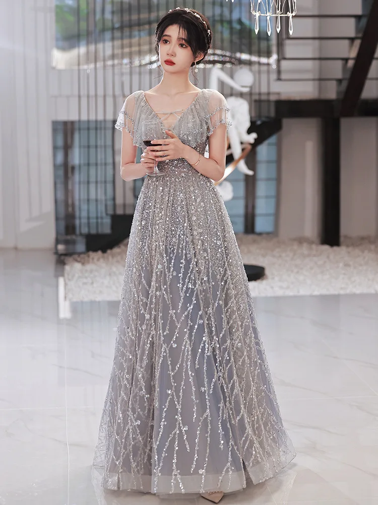 Sexy V-Neck Sequins Applique Back Bandage Chiffon Banquet Evening Dresses Women Formal Party Gown Vestidos