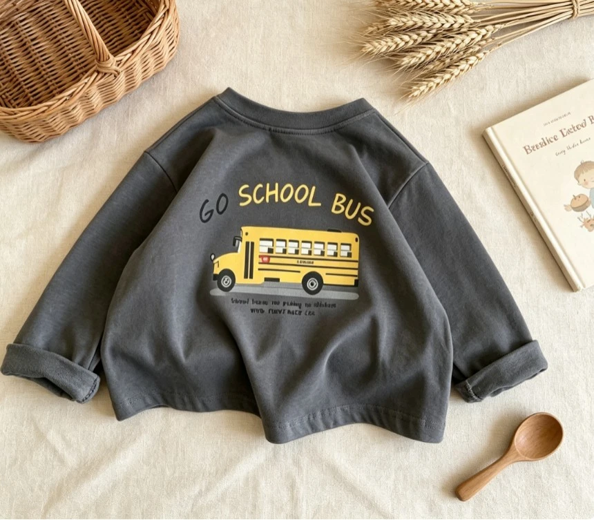 Kids Cartoon School Bus Fire Truck Long Sleeve T Shirt Soft Cotton Crew Neck Tee Kid Vehicle Letter Print Tees Children Costume