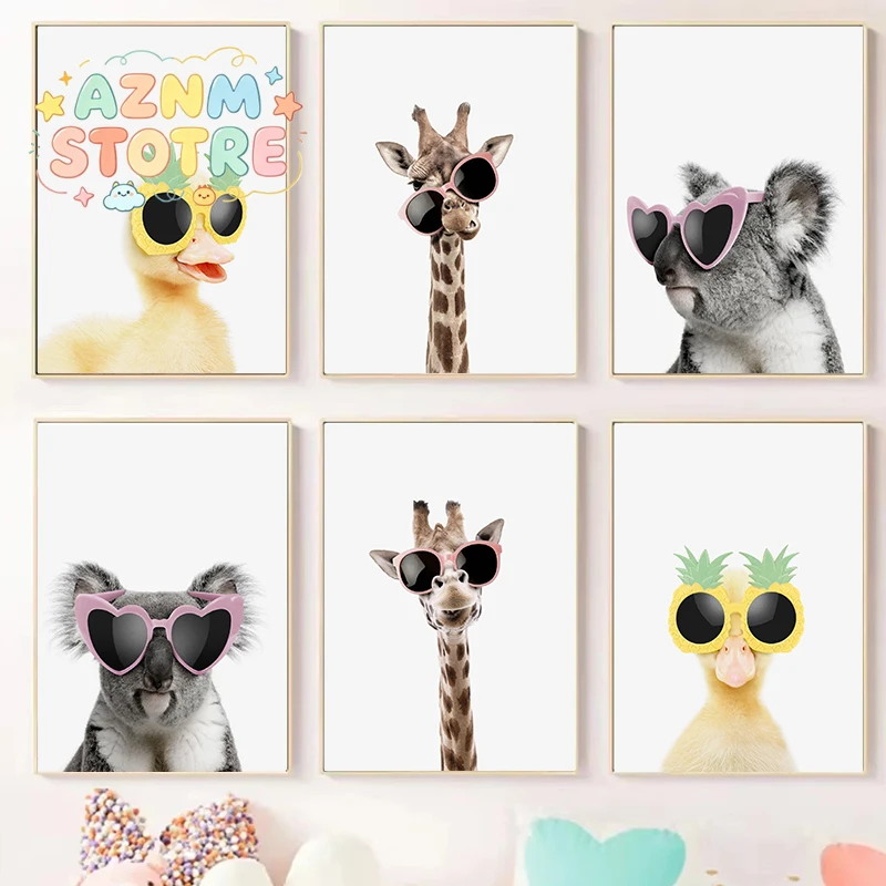 Funny Orangutan Koala Giraffe Duck with Sunglasses Poster Cute Animals Canvas Painting Wall Art Picture for Nursery Home Deco