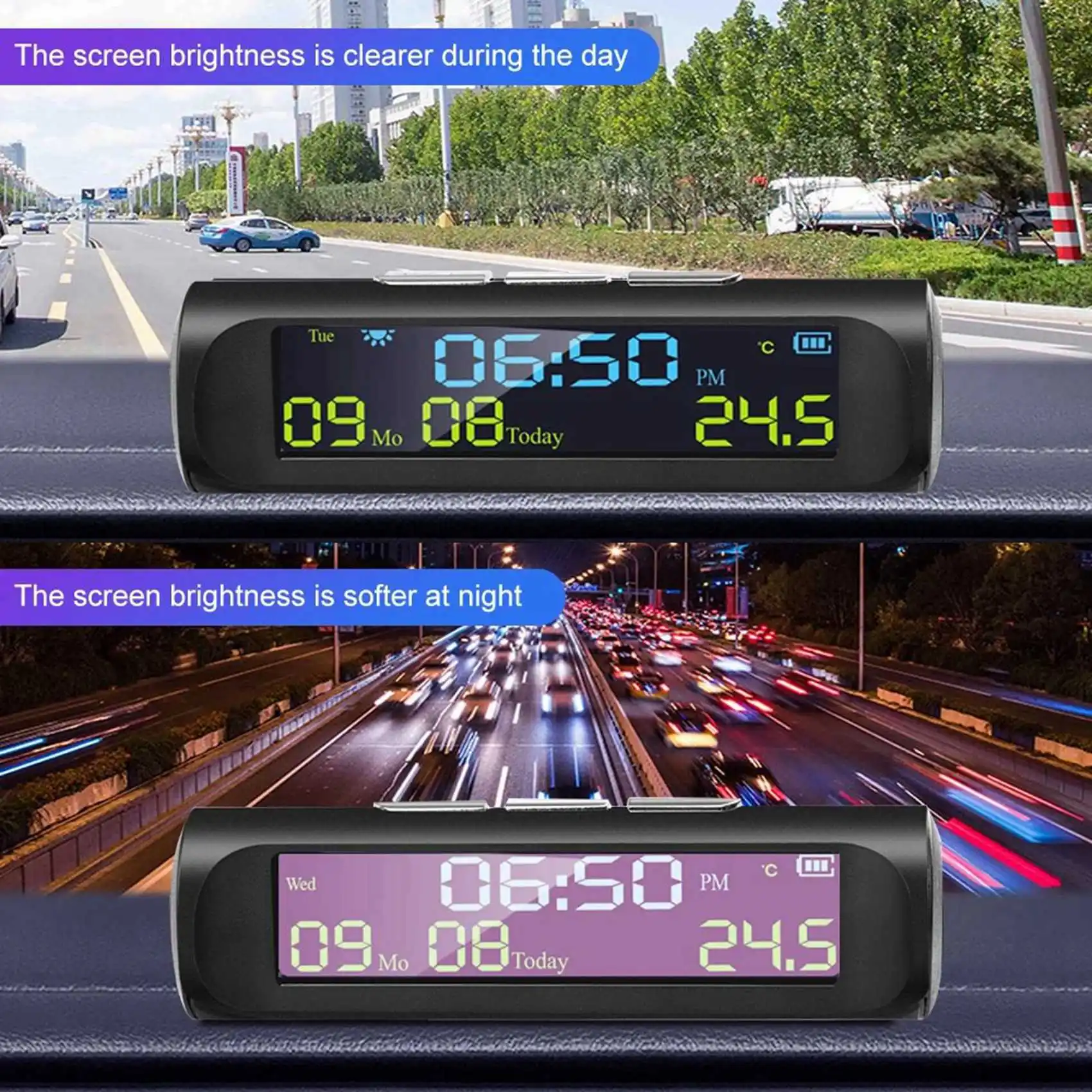 Authentic 2X Car Solar Digital Clock With LCD Time Date In-Car Temperature Display For Outdoor Personal Car Part Decoration A