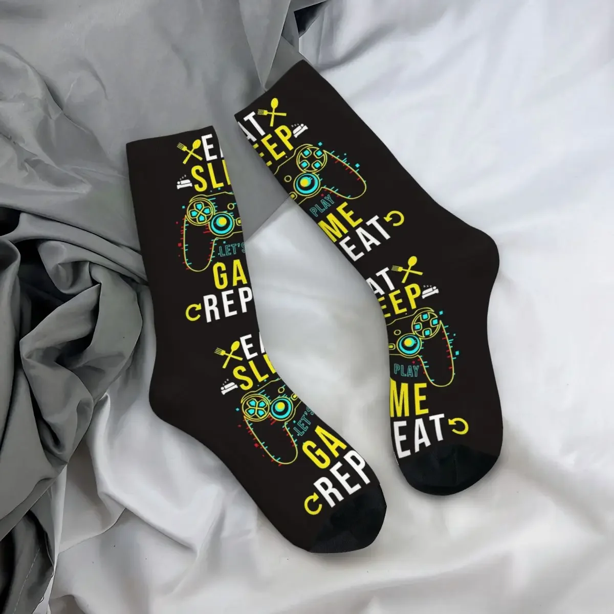 EAT. SLEEP. GAME. REPEAT Socks Harajuku Super Soft Stockings All Season Long Socks Accessories for Unisex Birthday Present