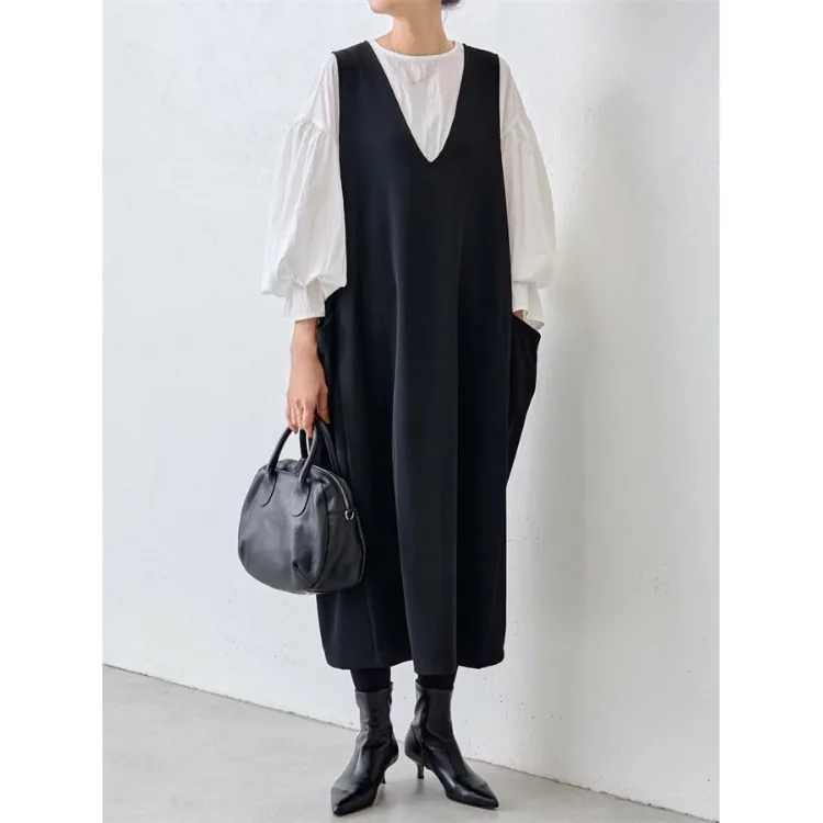 Losse Grote Maat Bla V-ne ketl Svel Dr Eenvoudige Koreaanse Sle Pendelen Polyestervezel Zomer Lange Dr