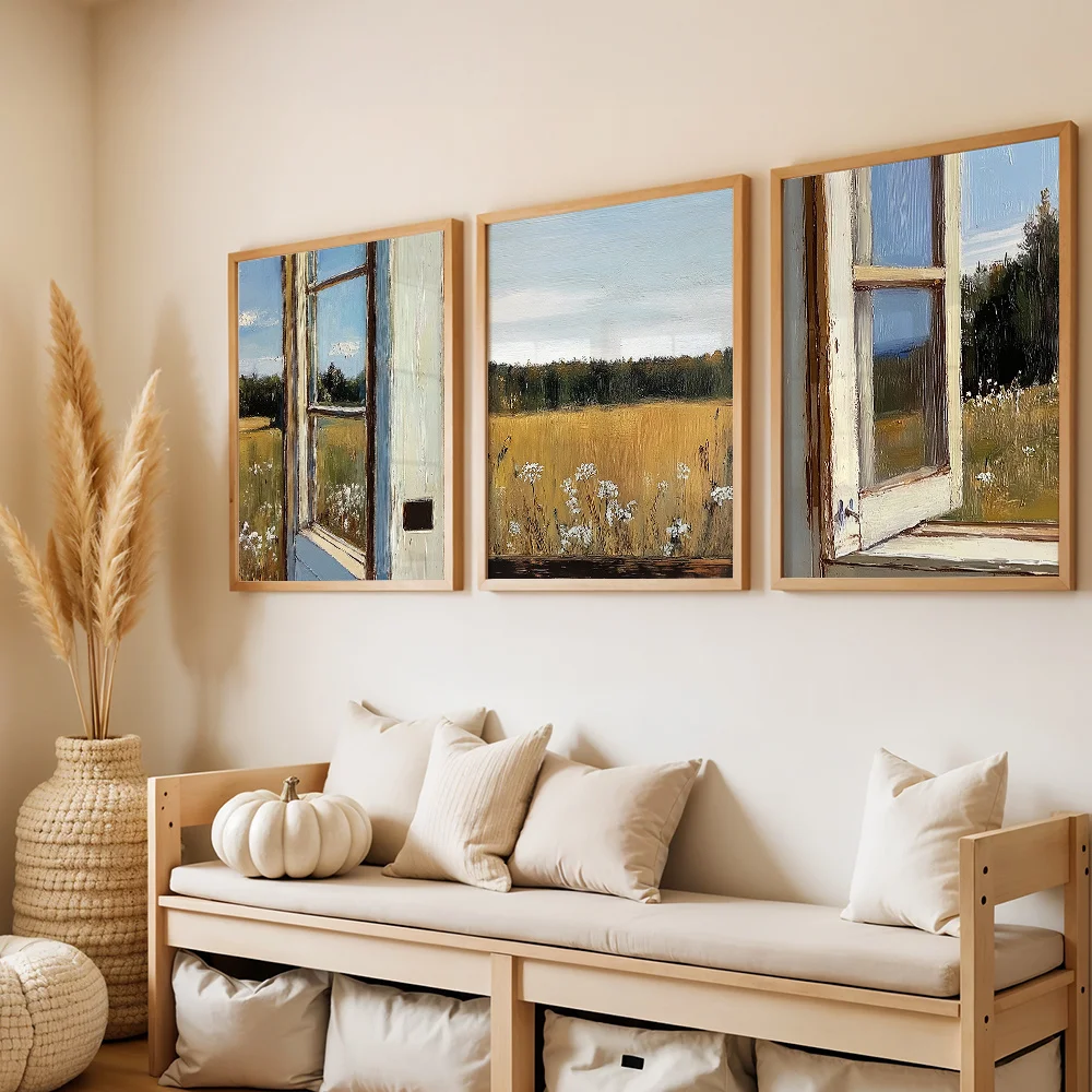 3Pcs Vintage Window Field Landscape Oil Painting Canvas Wall Decor Painting, Art Home Decoration For Bedroom Living Room