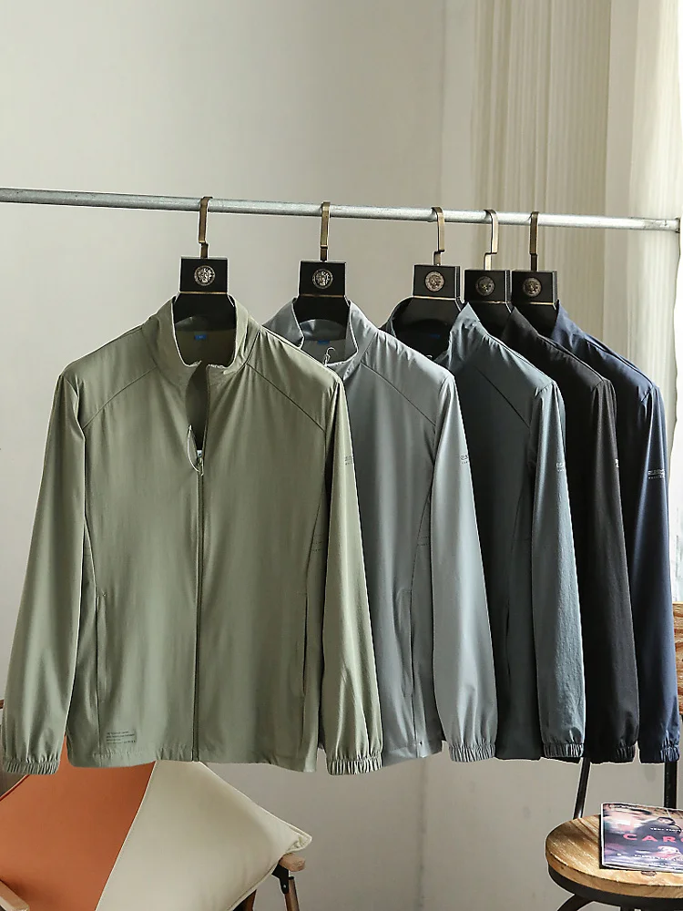 

Men's Spring Summer Thin Qui Dry Breathable Four-Dimensional Elastic Sports Casual Sun Protection Skin Jaet Stand Collar ...