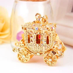 Fashion Alloy Rhinestone Cartoon Pumpkin Car Keychain Golden Carriage Pendant Female Bag Accessories Small Gifts