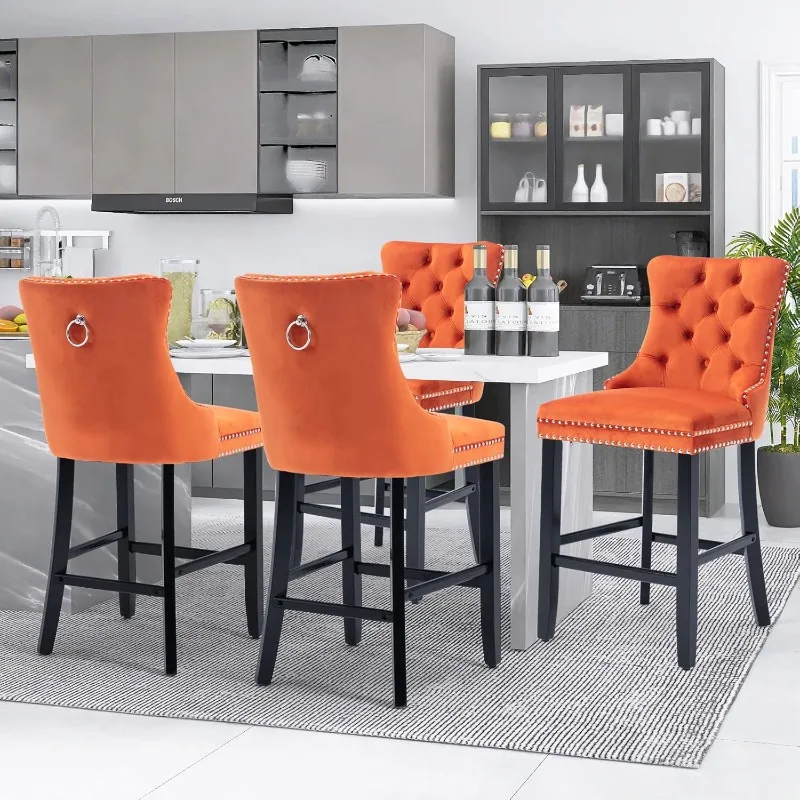 

Modern Velvet Upholstered Bar Stools Set of 4 with Wood Legs Button Tufted Chrome Nailhead Counterstool Seat Armless Bar Chairs