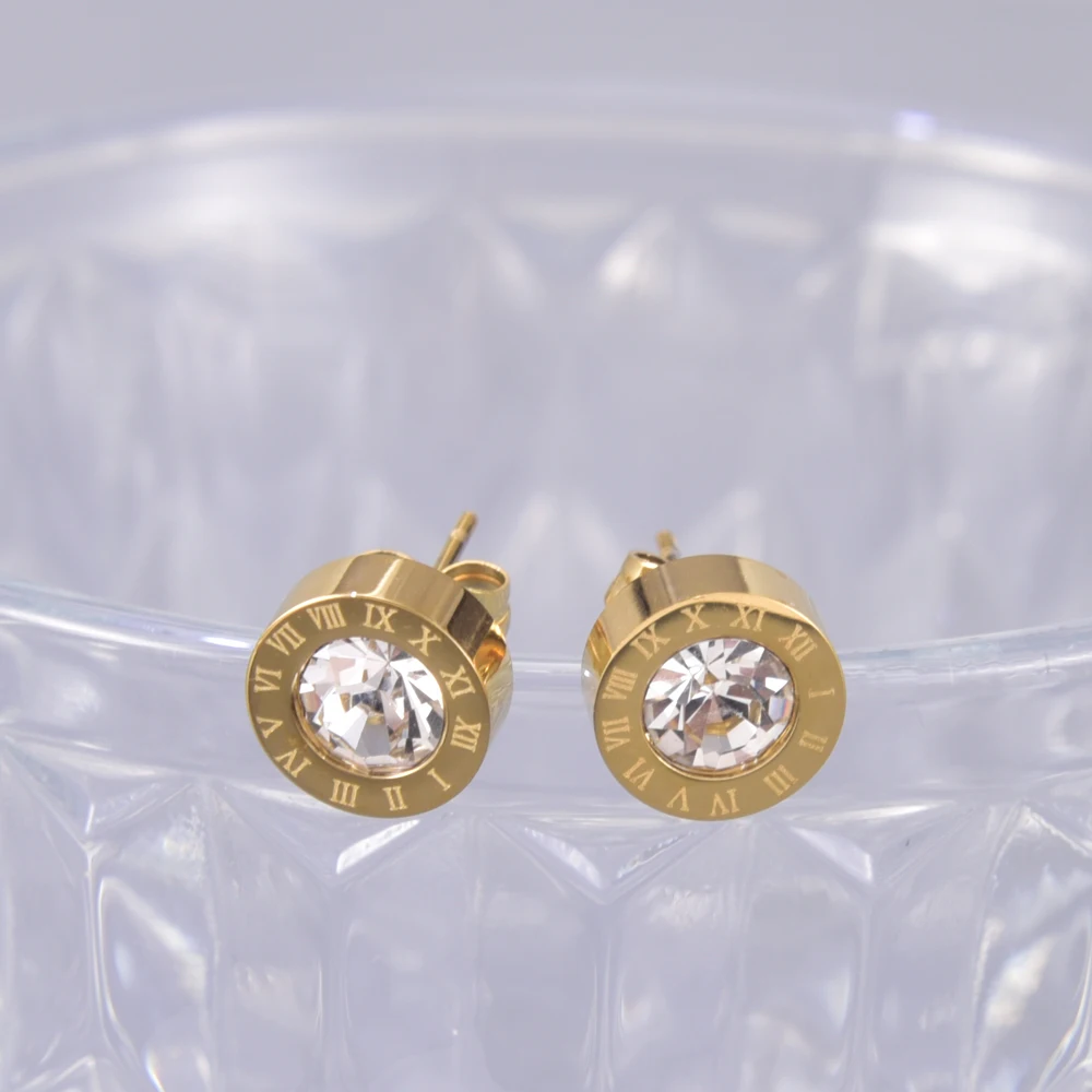 E62 brincos de zircão de aço titânio com numeral romano, brincos femininos definidos com diamantes