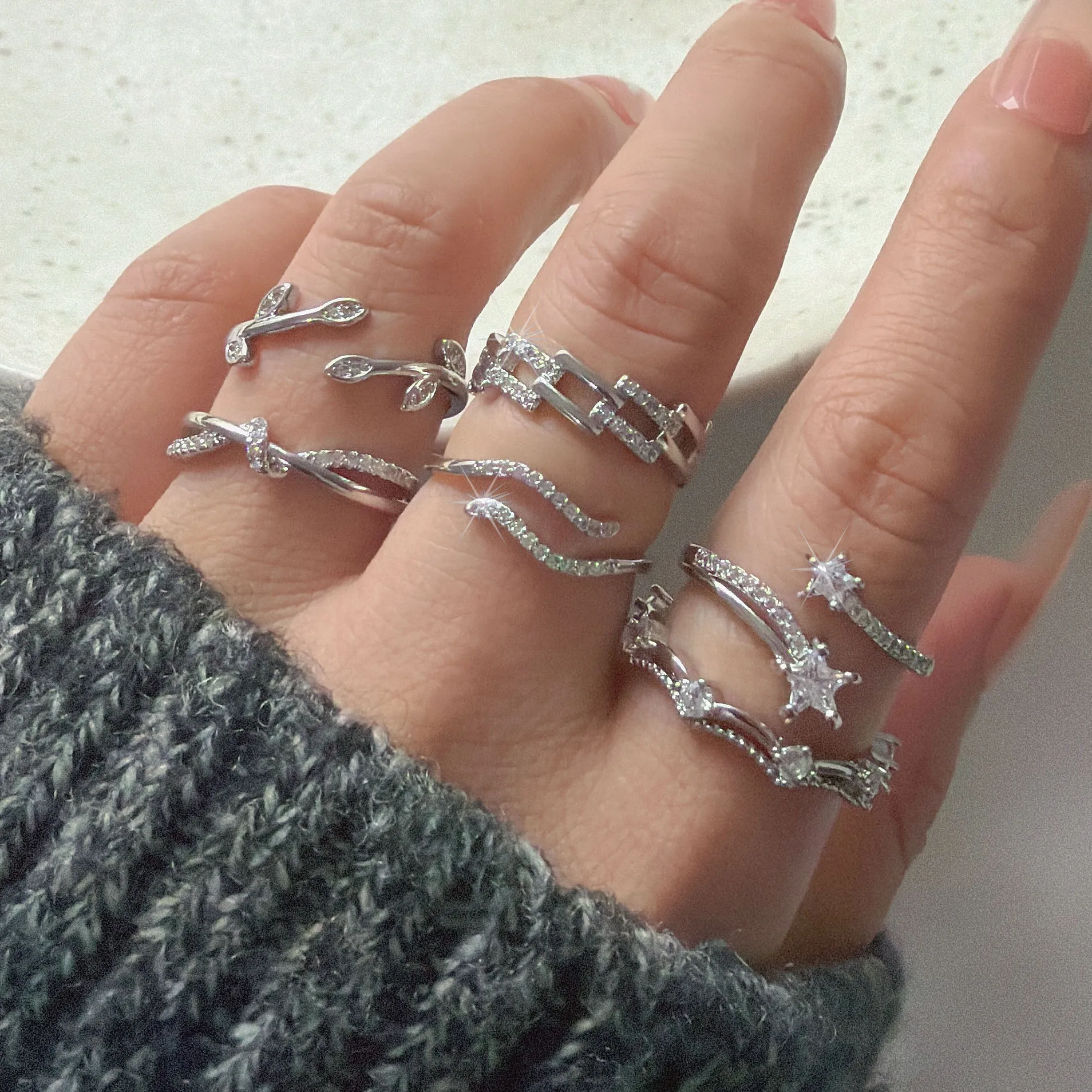 925 Sterling Silver Rings For Women Geometric Fine Jewelry Finger Adjustable Shinning Simple Zircon Ring For Party Birthday Gift