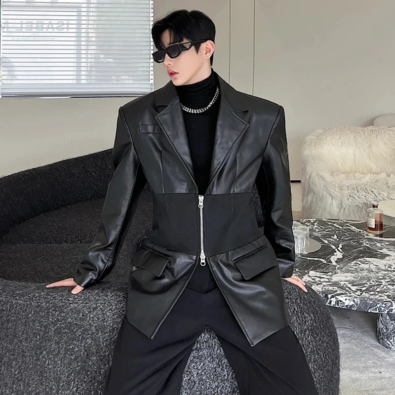 LUZHEN New Trendy Men\'s Knitted Splicing Design Leather Blazers Coat Double Zipper Shoulder Pad Suit Jacket High Street 9fa8a4