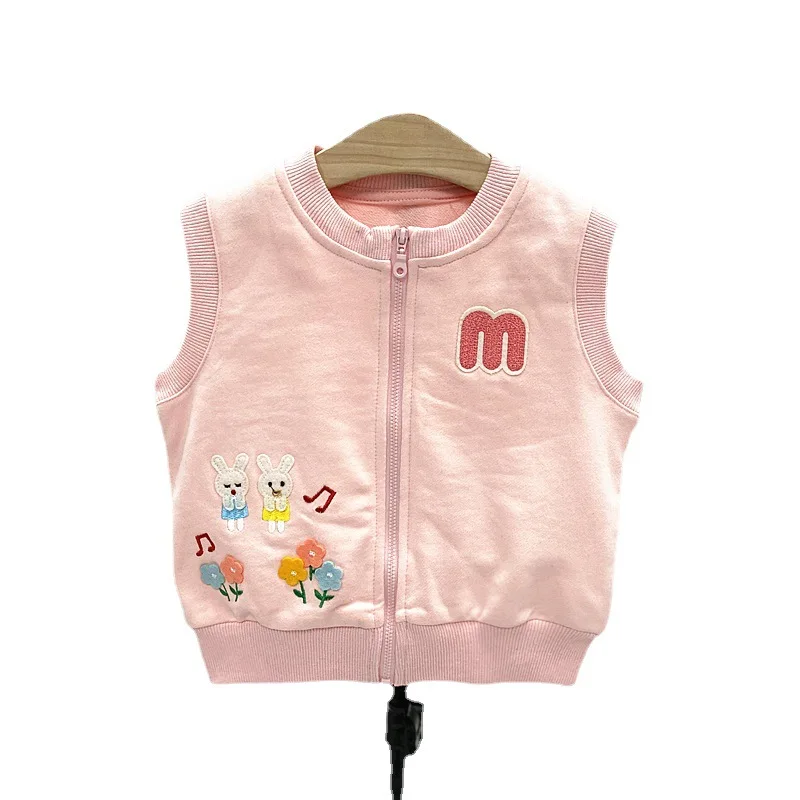 

2025 Spring and Autumn Children's Vest Sleeveless Vest with Bear Rabbit Pattern Casual Outerwear Zipper Shoulder Vest