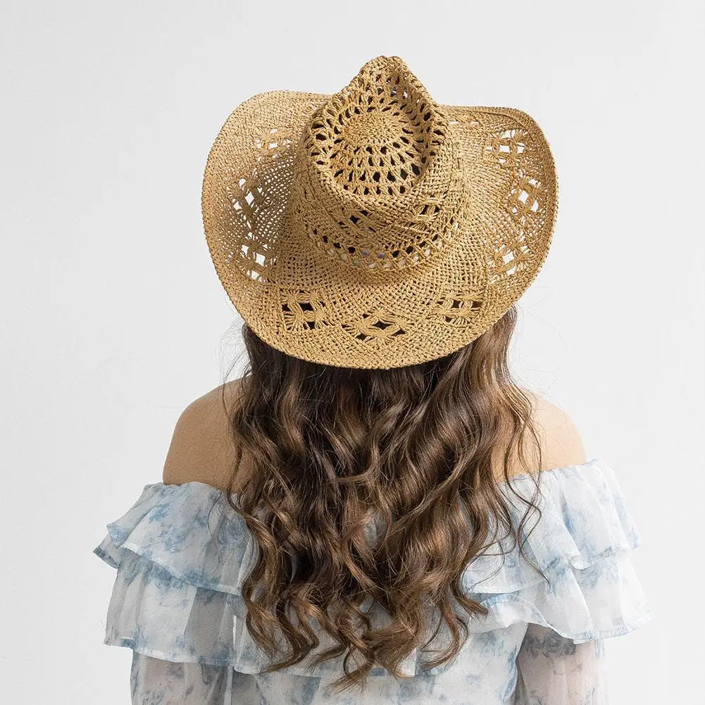 Chapeau de cowboy occidental évidé, respirant, protection solaire de plage, tissé à la main, casquettes à large bord pour la randonnée en plein air, été