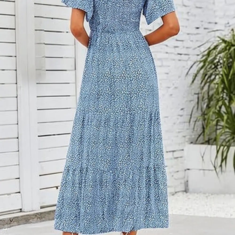 Boho Floral Maxi Dress Women Summer Short Sleeve Loose Fit Beach Sundress Casual Elegant Plus Size Vacation Clothing Outfit