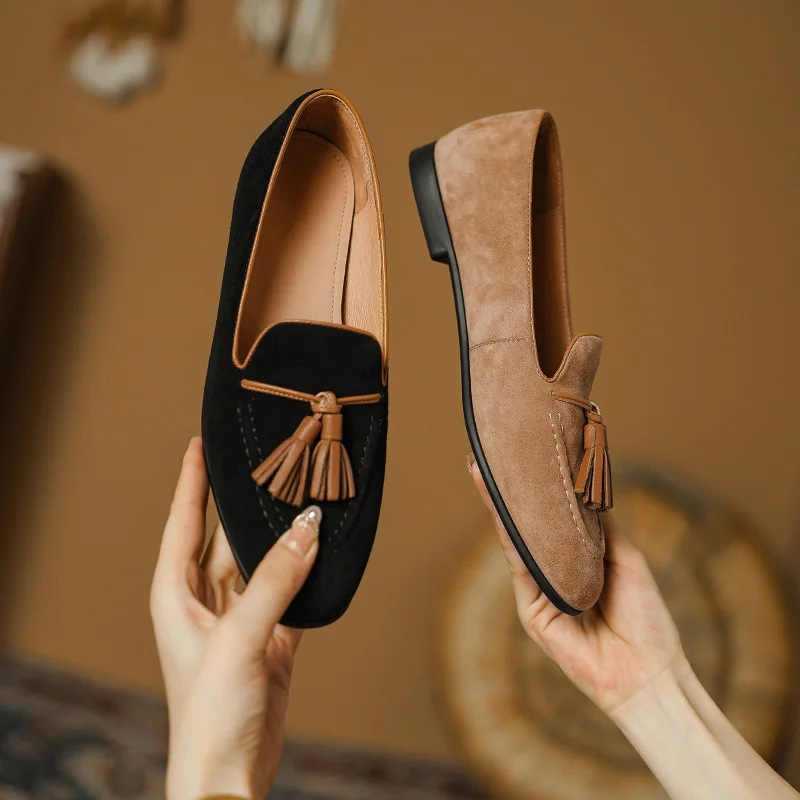 Round Toe Loafers Women Tassels Flats Slip On Simple Flat Shoes Sheepsuede Lady Mules Spring Autumn Women Fringe Flats