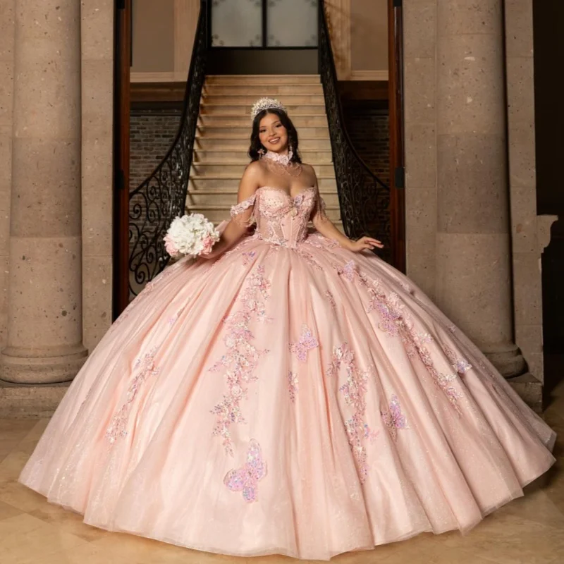 

Light Pink Quinceanera Dress off-shoulder Glitter Flower Decal Lace Long tail Bow vestidos de 15 Quinceanera ﻿Customize