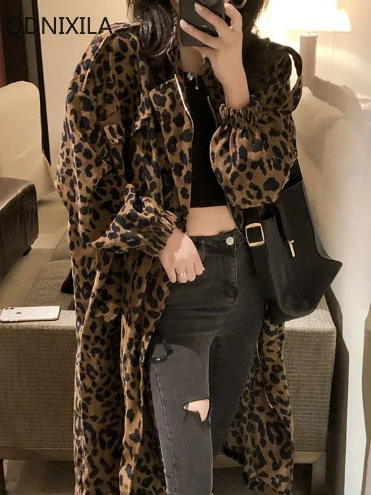 Leopard Print Trench Coat for Women, Loose Tooling Jacket, Medium and Long, Korean Version, New Outerwears, 2024 Autumn