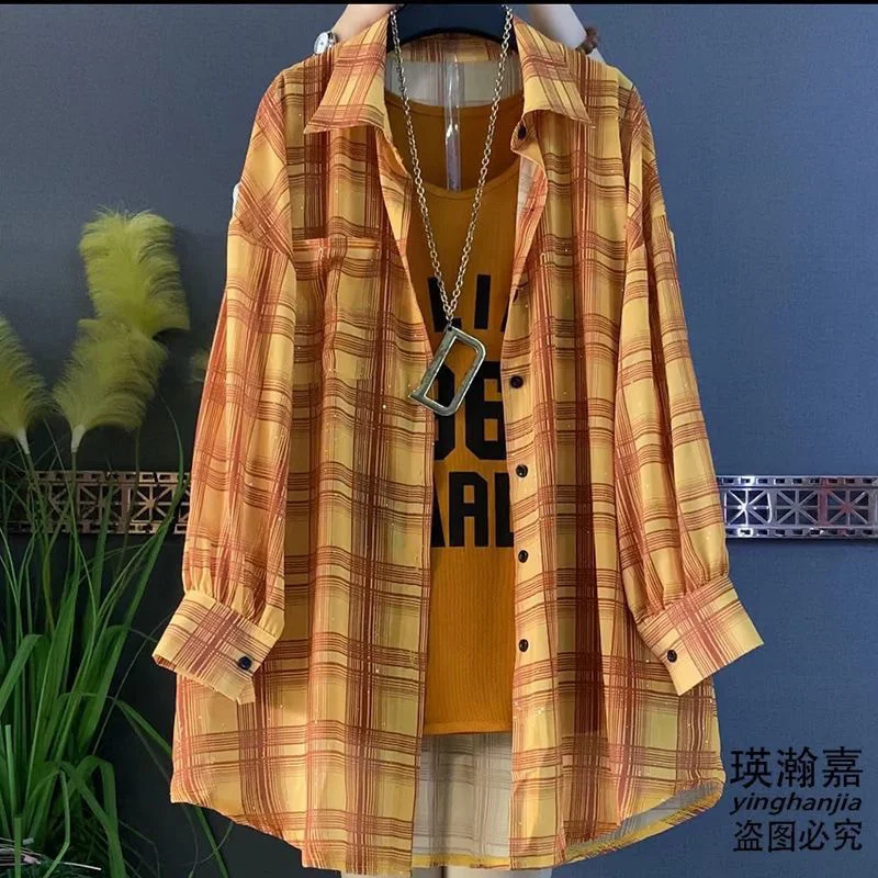 Nowa letnia moda 2026: szyfonowa kurtka chroniąca przed słońcem, damska, plus size, jasna koszula w kratę, zapinana na guziki, wiatrówka damska.