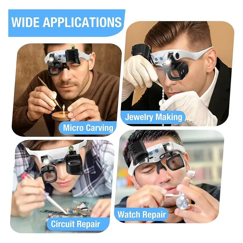 ABUP-Jewelers Magnifying Glass For Close Work, Glasses With Light& 5 Interchangeable Lens Pairs(2X 4X 6X 10X 13X), Includes Head image 5