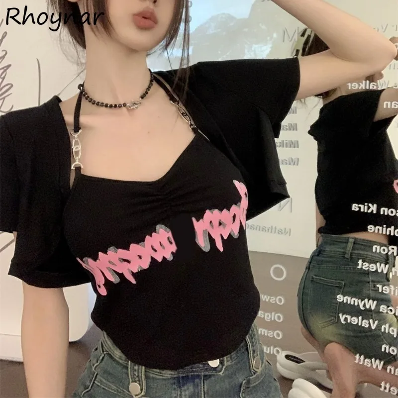 Printed Cropped Sets Women Summer Sweet Spicy Girls Skinny Halter Neck Short Sleeve Fashion Leisure All-match Korean Style Chic