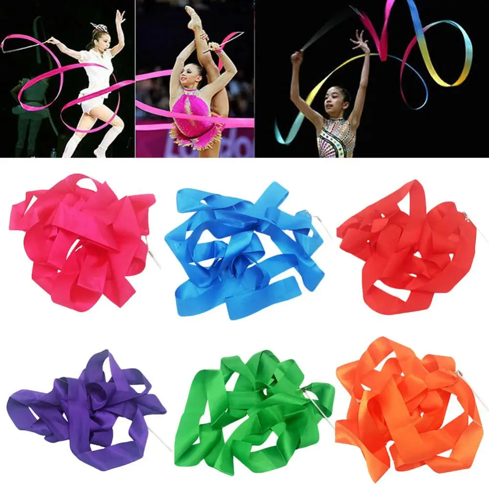 4M Dance Ribbon Strip Gym Ribbon Rhythmic Art Gymnastic Ballet Streamer Twirling Rod Stick Colorful Fitness Gymnastics Ribbons