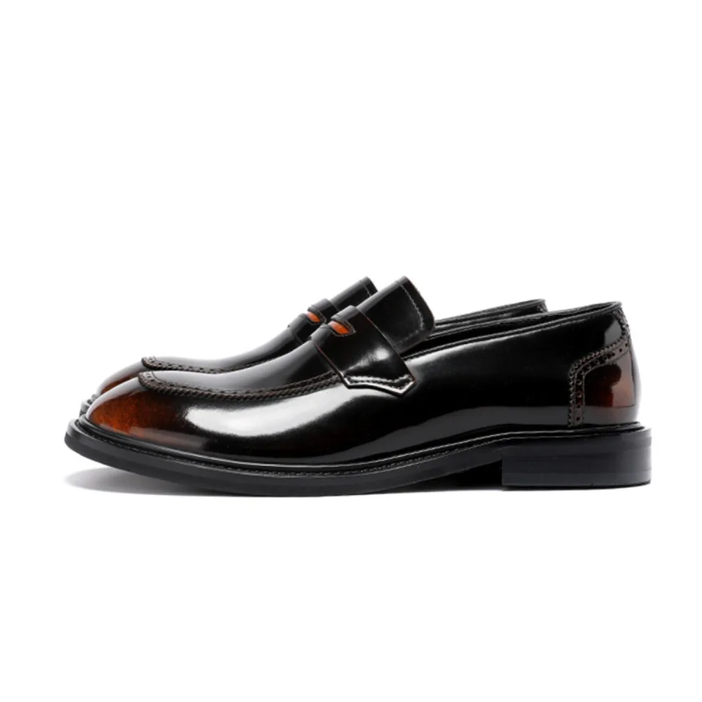 Men's Genuine Full Grain Leather Loafers Square Toe Cap Toe Shiny Patent Leather Business Casual Summer Dress Shoes