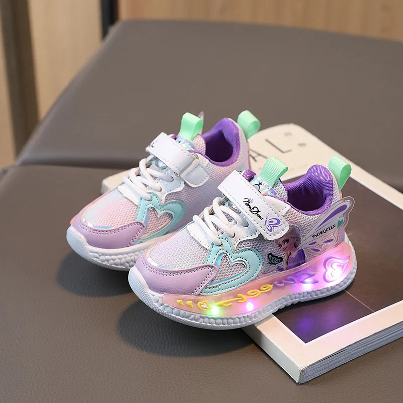 Children Led Shoes Kids Girls Sneakers Frozen Elsa Princess Lighting Shoes Pink Purple Casual Sports Shoes Size22-30