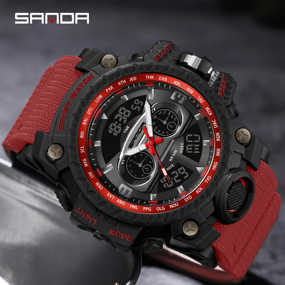 

2024 Sanda Men's Watches Sports Military Quartz Watch 50m Waterproof Dual Display Digital Wristwatch For Male Relogio Masculino