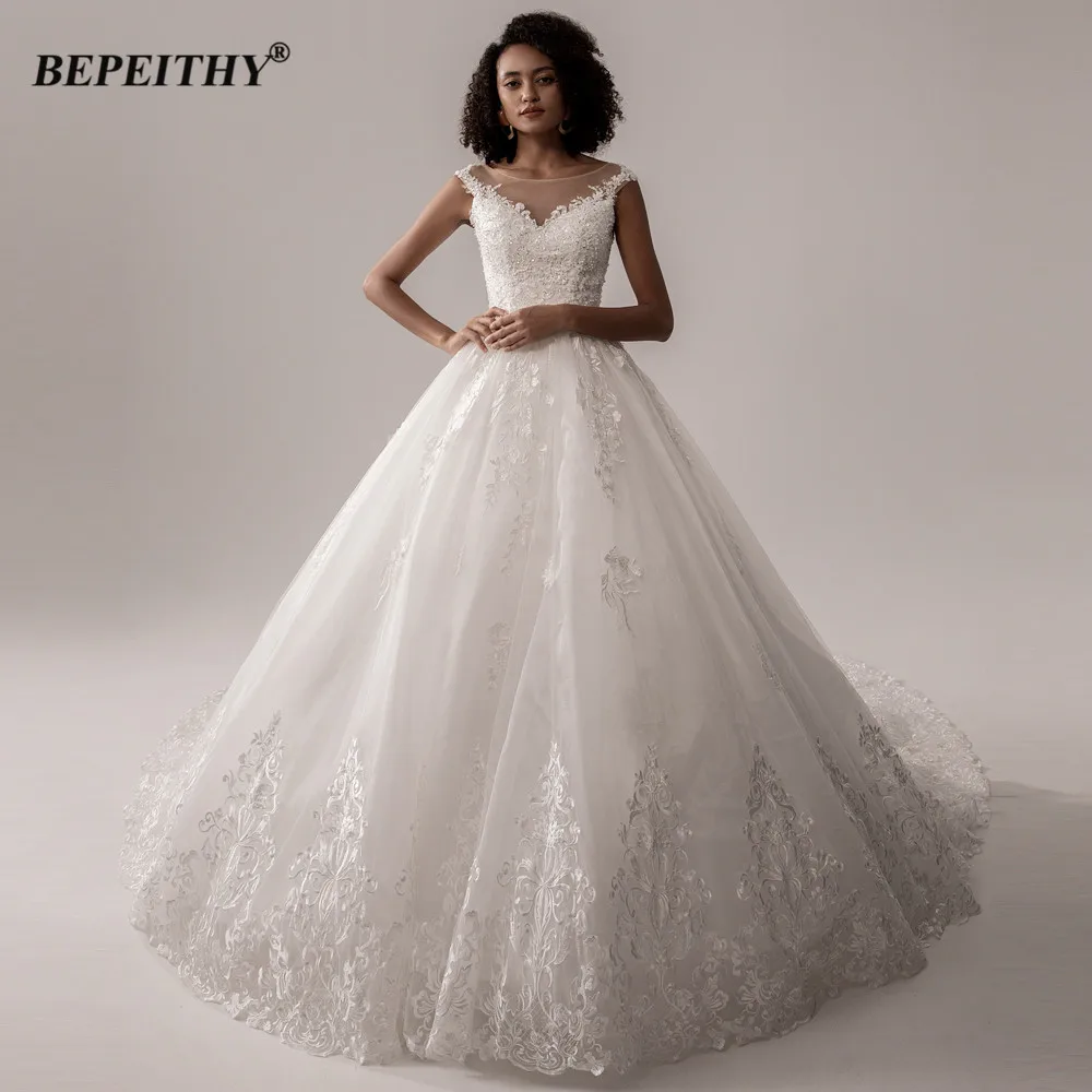 BEPEITHY – robe de mariée de forme trapèze, en dentelle, grande taille, sans manches, avec traîne, pour femmes