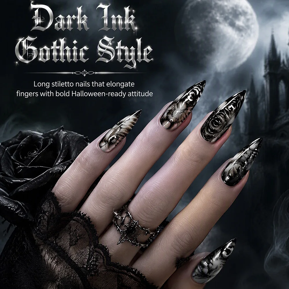 Stiletto Gothic Press On Nails 30Pcs Glossy Acrylic Fake Nails with 3D Embossed Devil Eye Pattern Punk False Nails for Halloween image 5