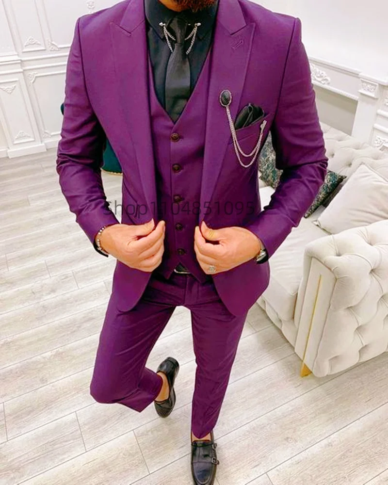 

Elegant Wedding 3 Piece Jacket Pants Vest Full Set Luxury Single Breasted Peak Lapel Blazer Male Clothing Business Men's Suits