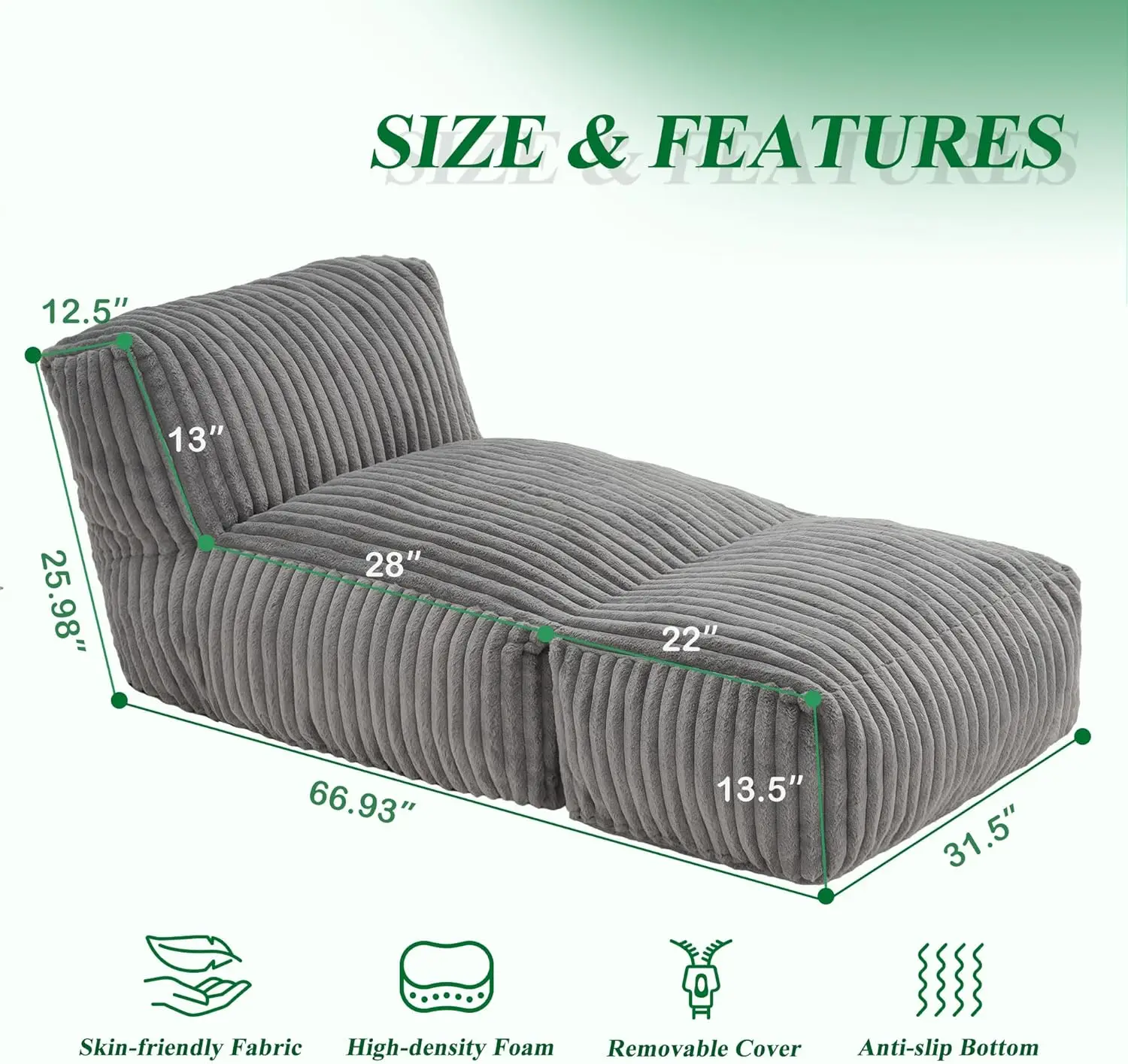 Giant Bean Bag Chair with Memory Foam Faux Fur Filler for Adults Lazy Sofa for Living Room Bedroom Office Grey Large