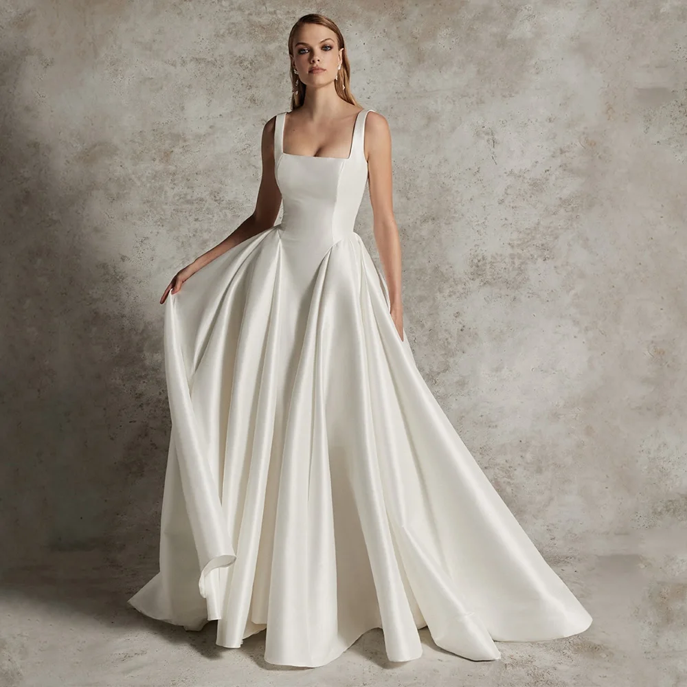 Customized Wedding Dresses Satin Square Collar A Line Backless Simple Wedding Gowns for Women Bride Button Modern Bridal Gown