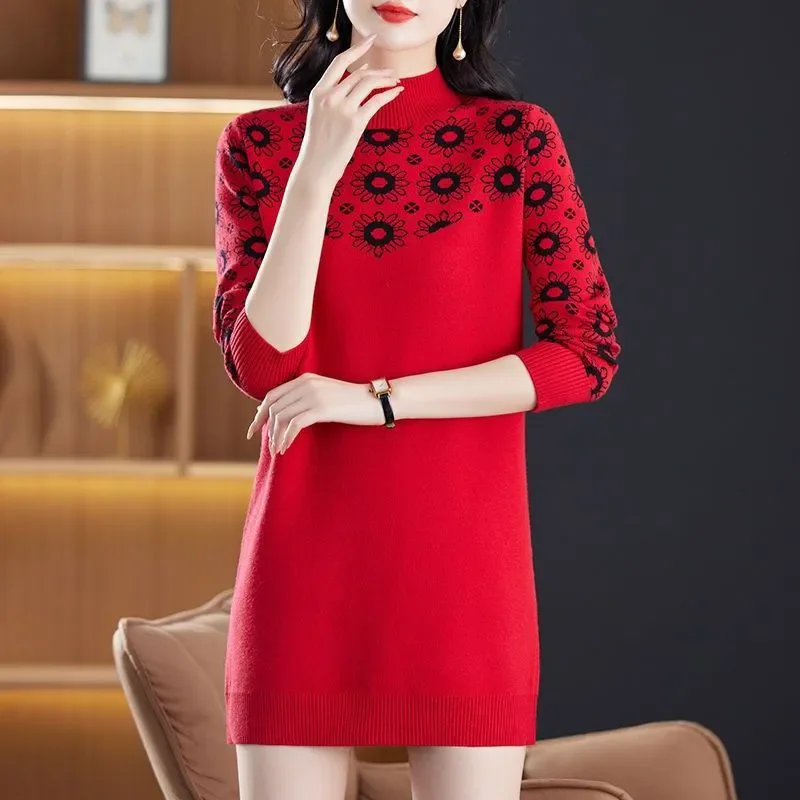 Women Jumper Wool Knitted Loose Sweater Winter Long Sleeve Print Half High Collar Thick Soft Comfort Knitwear Jumper Female Tops