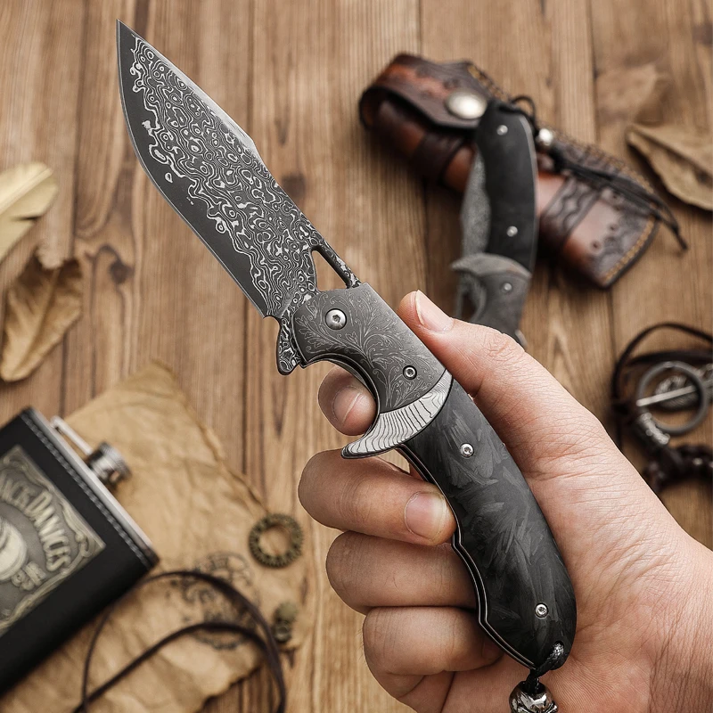 VG10 Damascus Steel Blade Folding Knife Carbon Fibre Handle Outdoor Camping Hunting Tactical Knife Survival EDC Hand Tools