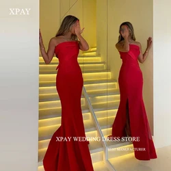 XPAY Red Mermaid Evening Dresses Simple Stretch Satin Strapless Split Party Dress Celebrity Prom Gowns Vestido de fiesta