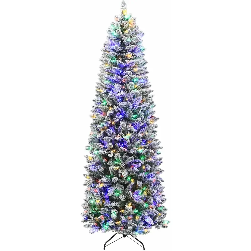 Christmas Tree Prelit Snow Flocked Pencil Slim with 350 Color Changing LED Lights 1308 Branch Metal Stand Hinged Christmas Tree