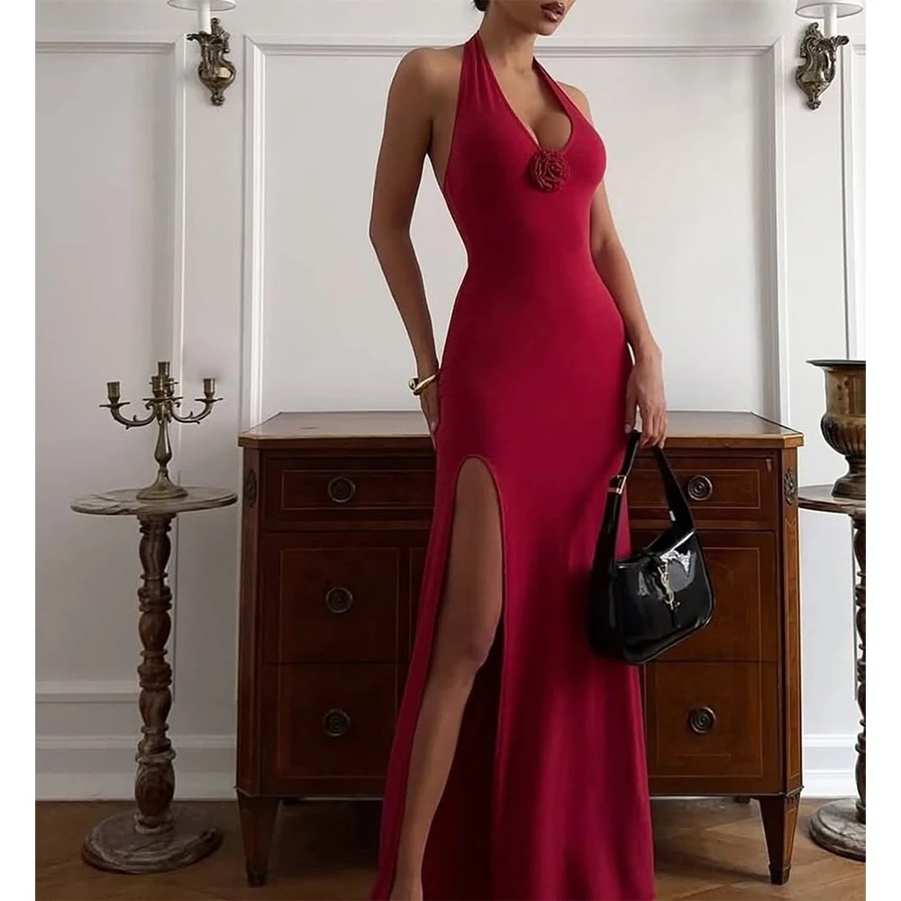 

Sexy Halter Dress Women's Evening Dresses French Style V-neck Prom Party Gowns Slim Long Dress with High Slit Female Customized