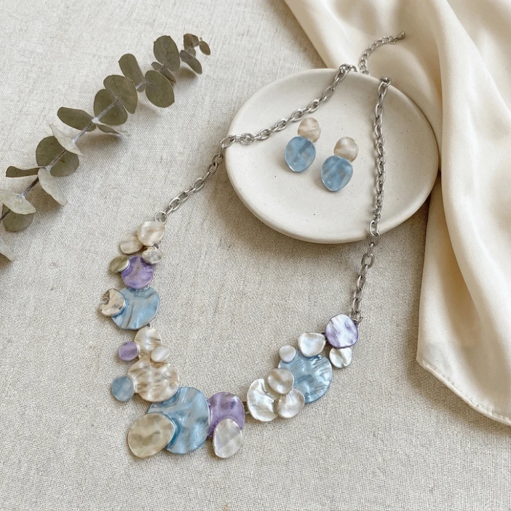 3 pcs/set Zinc Alloy Geometric Round Jewelry Set Colorful Enamel Lightweight Necklace Earrings Set Irregular Multi Layer