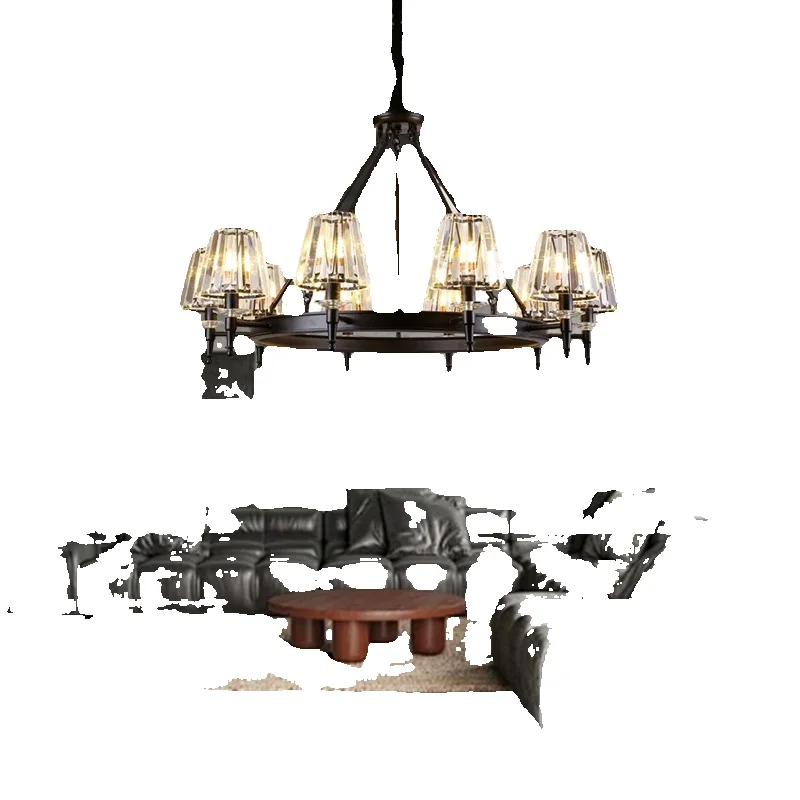 Amerikanischer schwarzer Metallring-Kronleuchter Led K9 Kristalllampe für Wohnzimmer Retro minimalistische industrielle Esszimmer-Hängelampe